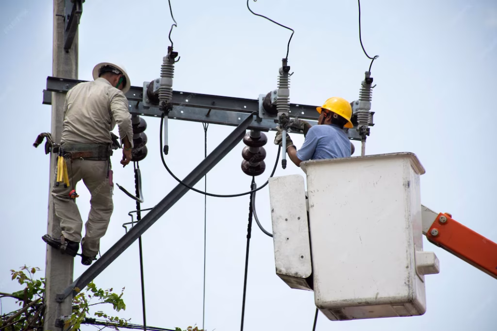 Técnicos eléctricos trabajando en el mantenimiento de cables y equipos en un poste de electricidad, utilizando arnés de seguridad y plataforma elevadora.